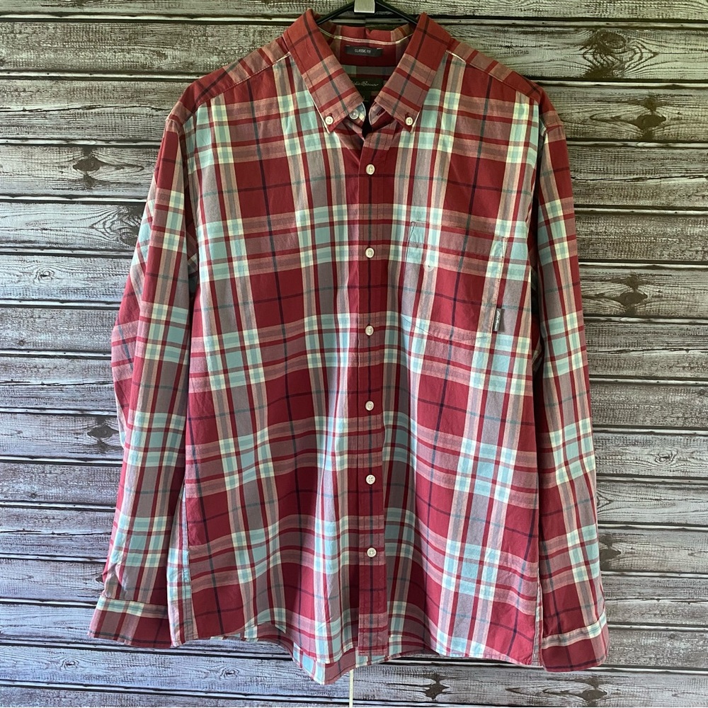NWT Eddie Bauer Classic Fit Plaid Long-Sleeved Button-Down Shirt Size L